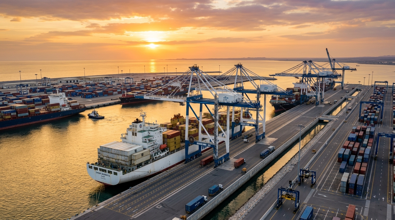 Strategic Omani container shipping port and trade logistics hub under golden sunset